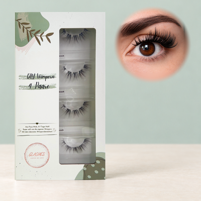 Black Peacock DIY-Wimpern von Glashes – geschlossene 4er-Box mit Tragebild am Auge