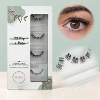 Evermore (C-Curl) – 10, 12 oder 14 mm – 4er-Box links, getragene DIY Wimpern am Auge rechts und Wimpern-Makroaufnahme darunter