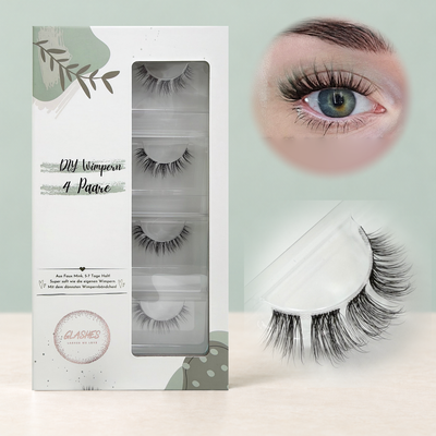 Fluffy Whispy 2.0 (Dolleye Look) 12-14mm CC-Curl – 4er-Box links, getragene DIY Wimpern am Auge rechts und Wimpern-Makroaufnahme darunter