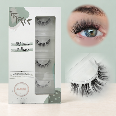 Glashes Fairytale (Dolleye 10-14mm CC - Curl) – 4er-Box links, getragene DIY Wimpern am Auge rechts und Wimpern-Makroaufnahme darunter