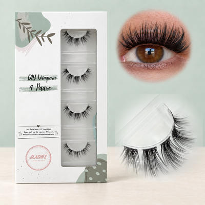 Glashes Holy Lash (Dolleye 10-14mm CC- Curl) – 4er-Box links, getragene DIY Wimpern am Auge rechts und Wimpern-Makroaufnahme darunter