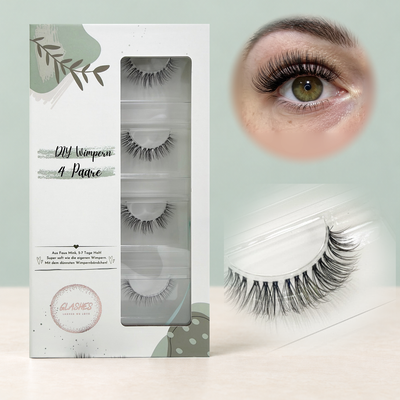 Glashes Nuvia (Dolleye 12-14mm CC- Curl) – 4er-Box links, getragene DIY Wimpern am Auge rechts und Wimpern-Makroaufnahme darunter