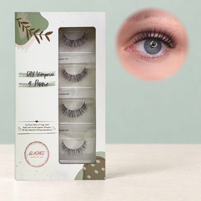 Glashes Hawaiian Surfergirl DIY-Wimpern – geschlossene 4er-Box mit Tragebild am Auge
