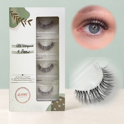 Hawaiian Surfergirl (Dolleye) 10-12mm CC-Curl – 4er-Box links, getragene DIY Wimpern am Auge rechts und Wimpern-Makroaufnahme darunter