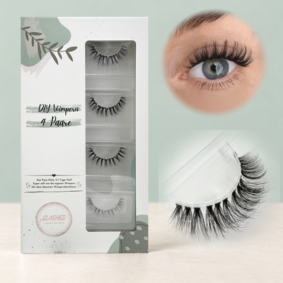 One Night in Bangkok (Dolleye) 12-14mm CC-Curl – 4er-Box links, getragene DIY Wimpern am Auge rechts und Wimpern-Makroaufnahme darunter