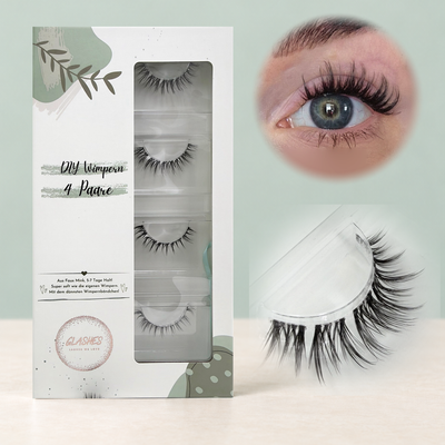 Spicy Spike (Dolleye Look) 12-14mm C-Curl – 4er-Box links, getragene DIY Wimpern am Auge rechts und Wimpern-Makroaufnahme darunter