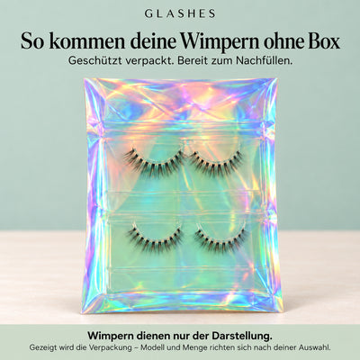 Glashes Wimpern ohne Box in holografischer Nachfülltüte. Verpackungsbeispiel; Wimpernmodell und Menge richten sich nach der gewählten Variante.
