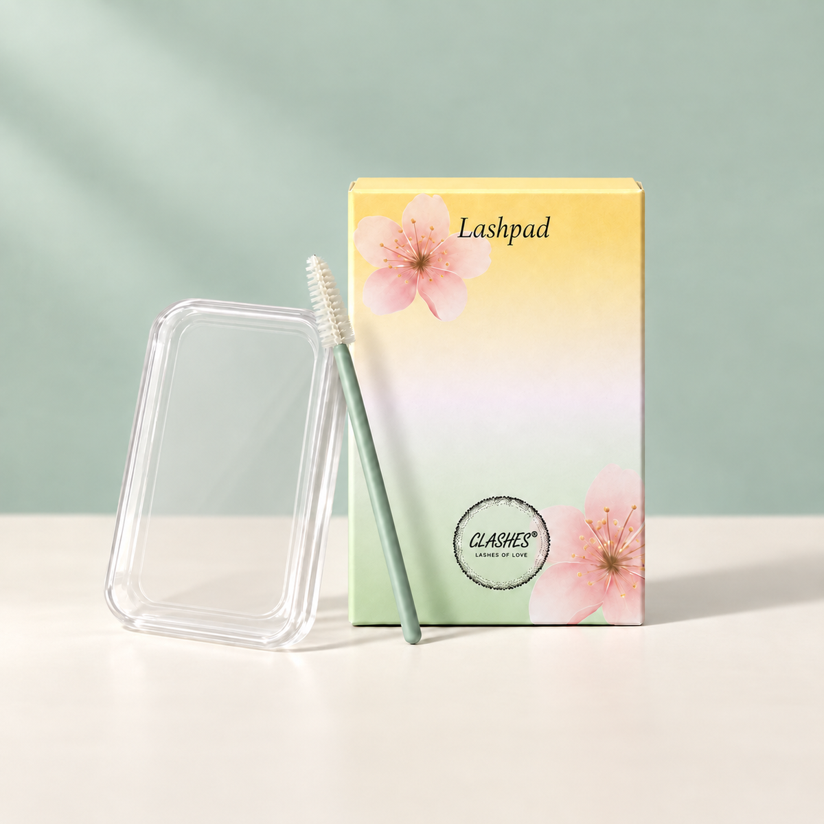 Glashes Lashpad mit durchgängiger Fläche, transparenter Box, Wimpernbürste und Verpackung