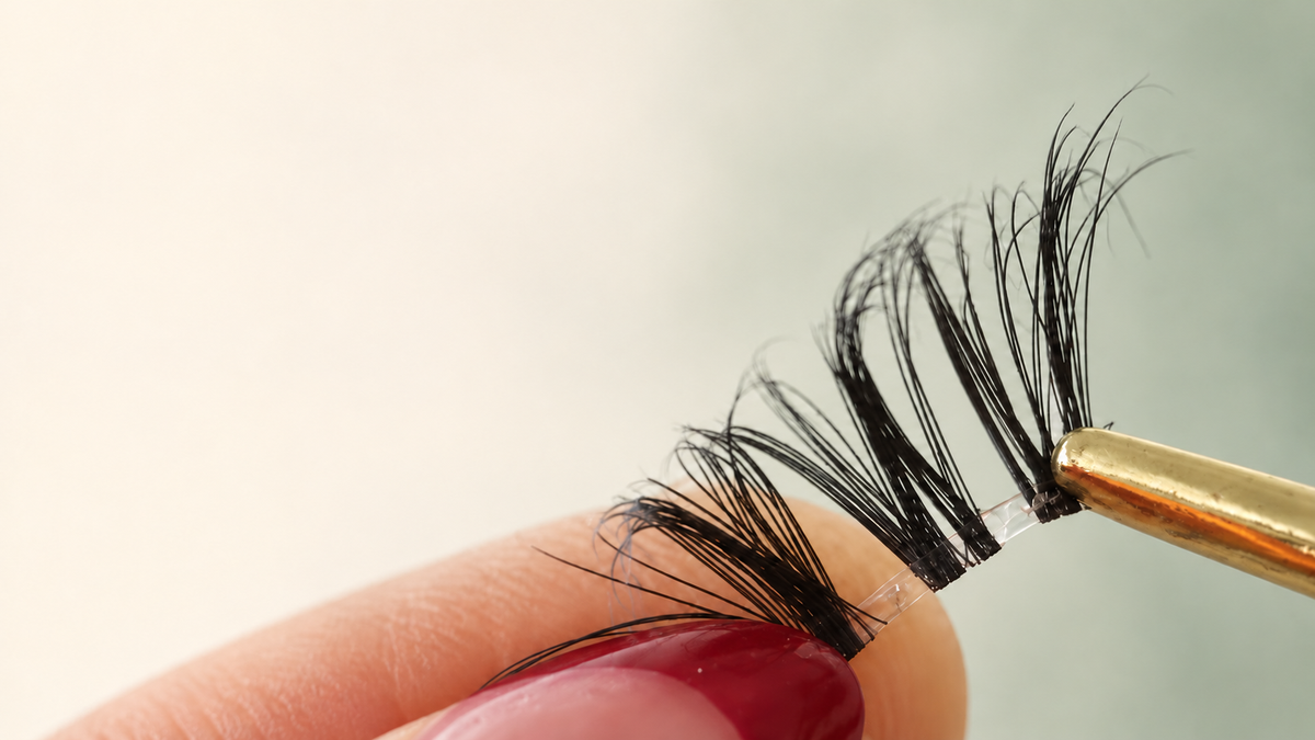 GLASHES DIY-Wimpern mit goldener Pinzette in der Nahaufnahme