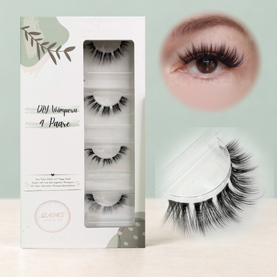 Starflash (Dolleye, C-Curl) – 14 mm mit 16-mm-Spikes – 4er-Box links, getragene DIY Wimpern am Auge rechts und Wimpern-Makroaufnahme darunter