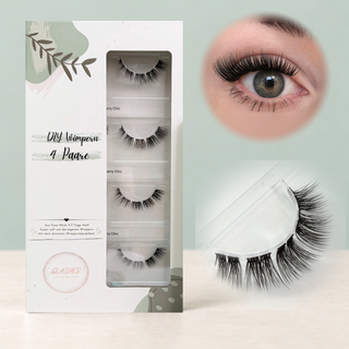 Cherry Chick – Sanfter Cat Eye (8-14mm C-Curl) – 4er-Box links, getragene DIY Wimpern am Auge rechts und Wimpern-Makroaufnahme darunter
