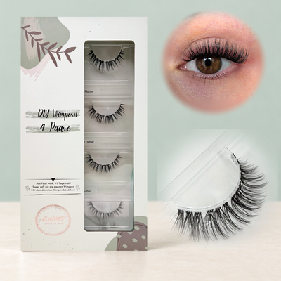 Sweet Flutter – Doll Eye 12 mm D- Curl – 4er-Box links, getragene DIY Wimpern am Auge rechts und Wimpern-Makroaufnahme darunter