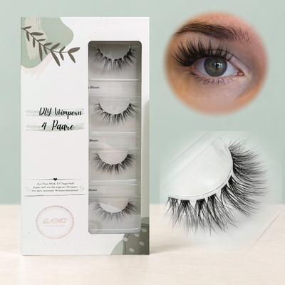 Silky Bloom (C-Curl 15mm) – Whispy Doll Eye – 4er-Box links, getragene DIY Wimpern am Auge rechts und Wimpern-Makroaufnahme darunter