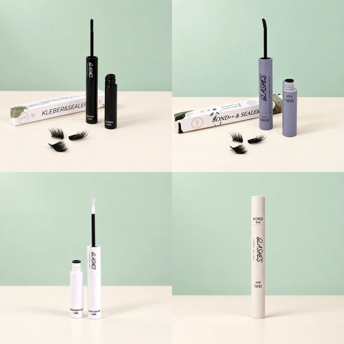 Vier Glashes Kleber Sets: Schwarz, Grau, Transparent und Braun
