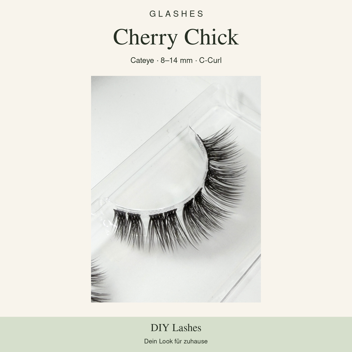 Glashes Cherry Chick – Originalaufnahme der DIY-Wimpern im Tray, Cateye, 8–14 mm, C-Curl.