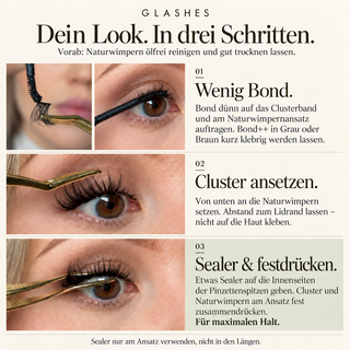Glashes DIY-Lashes-Anleitung: Bond dünn aufs Clusterband und an den Naturwimpernansatz geben, Cluster von unten ansetzen, Sealer in die Pinzettenspitzen geben und am Ansatz festdrücken.