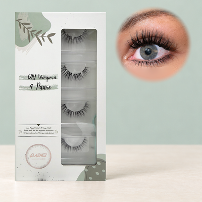 Drama Baby DIY-Wimpern von Glashes – geschlossene 4er-Box mit Tragebild am Auge
