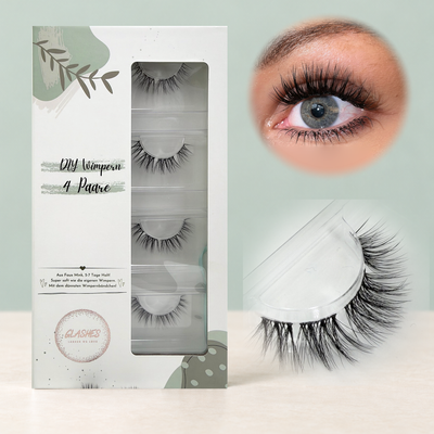 Drama Baby (Dolleye Look) 12-14mm CC-Curl – 4er-Box links, getragene DIY Wimpern am Auge rechts und Wimpern-Makroaufnahme darunter