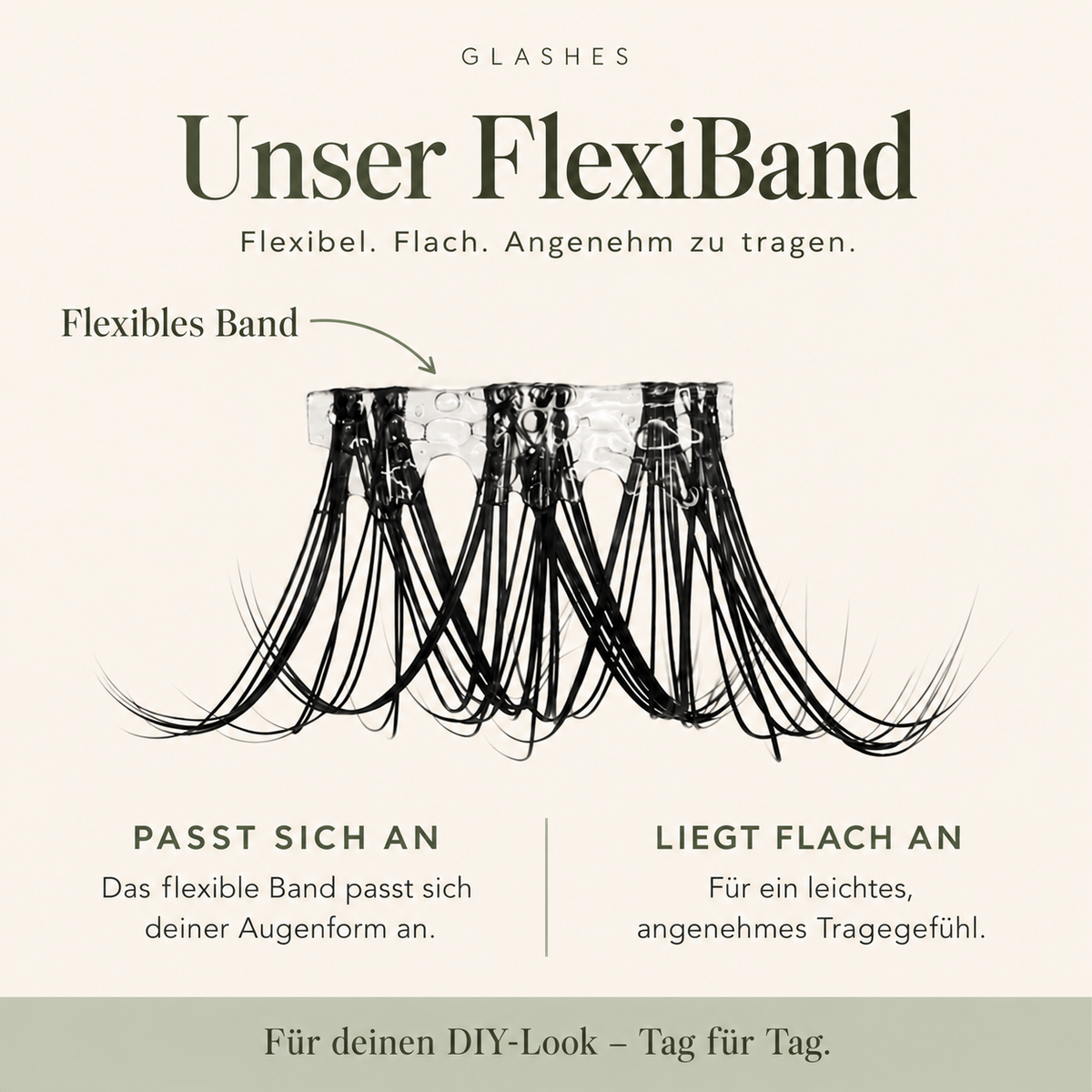 Glashes FlexiBand – flexibles, flaches Wimpernband, das sich der Augenform anpasst und angenehm zu tragen ist.