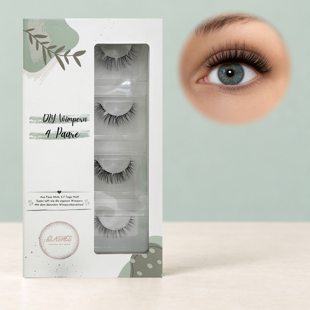 Fluff & Fabulous DIY-Wimpern von Glashes – geschlossene 4er-Box mit Tragebild am Auge