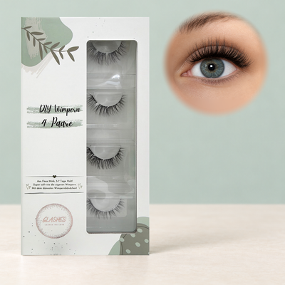 Fluff & Fabulous DIY-Wimpern von Glashes – geschlossene 4er-Box mit Tragebild am Auge