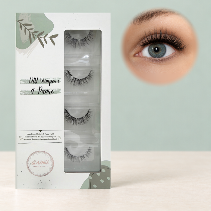 Fluff & Fabulous DIY-Wimpern von Glashes – geschlossene 4er-Box mit Tragebild am Auge