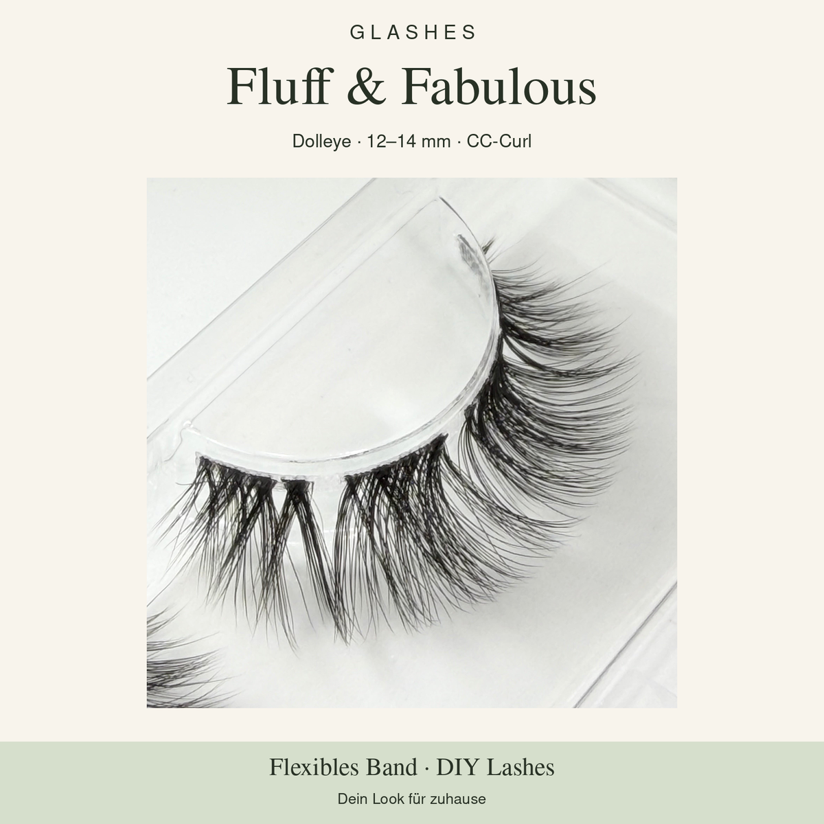 Glashes Fluff & Fabulous – Originalaufnahme der DIY-Wimpern im Tray, Dolleye, 12–14 mm, CC-Curl.