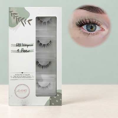 Fluffy Whispy 2.0 DIY-Wimpern von Glashes – geschlossene 4er-Box mit Tragebild am Auge