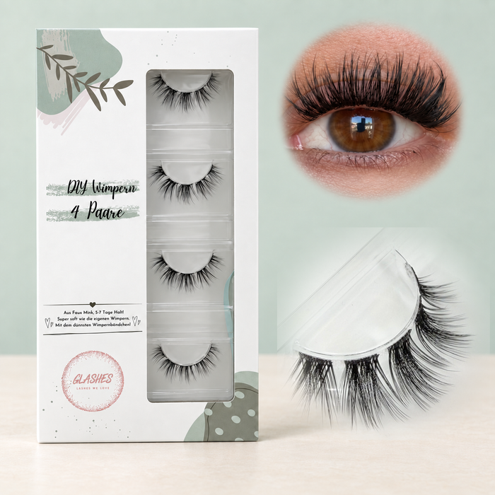 Glashes Holy Lash (Dolleye 10-14mm CC- Curl) – 4er-Box links, getragene DIY Wimpern am Auge rechts und Wimpern-Makroaufnahme darunter