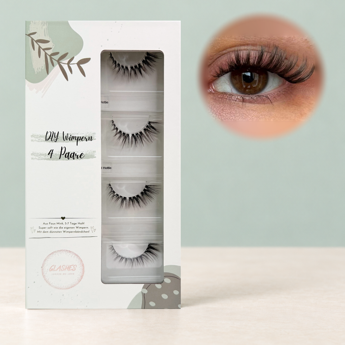 Hazel Hottie DIY-Wimpern von Glashes – geschlossene 4er-Box mit Tragebild am Auge