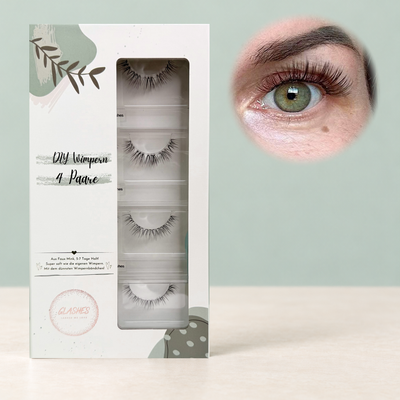 Leggy Lashes DIY-Wimpern von Glashes – geschlossene 4er-Box mit Tragebild am Auge