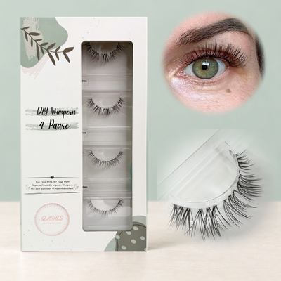 Leggy Lashes (Dolleye) 10–12 mm CC-Curl – 4er-Box links, getragene DIY Wimpern am Auge rechts und Wimpern-Makroaufnahme darunter