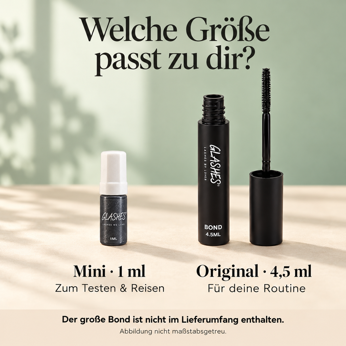 Glashes Mini Bond 1 ml neben der Originalgröße mit 4,5 ml; der große Bond ist nicht enthalten