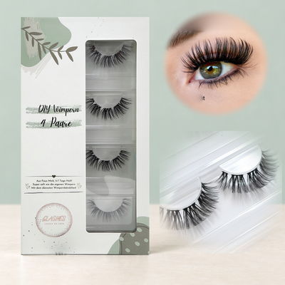 Miss Beast (Dolleye 15-16 mm D - Curl) – 4er-Box links, getragene DIY Wimpern am Auge rechts und Wimpern-Makroaufnahme darunter