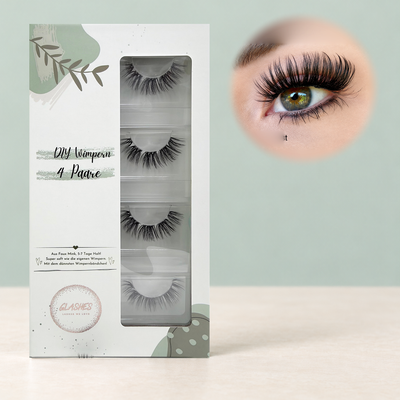 Miss Beast DIY-Wimpern von Glashes – geschlossene 4er-Box mit Tragebild am Auge