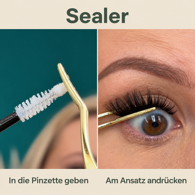 Glashes Sealer Anwendung: Wimpernversiegler auf die Innenseiten der Pinzette geben und am Wimpernansatz andrücken.