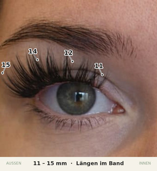 Silky Bloom DIY Wimpern am Auge — Längen im Band: 11, 12, 14, 15 mm von innen nach außen
