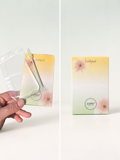 Glashes Lashpad mit durchgängiger Fläche, transparenter Box, Wimpernbürste und Verpackung