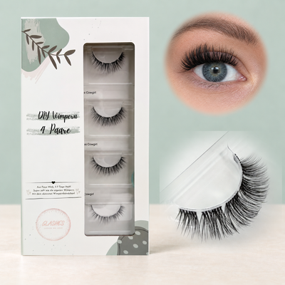 Texas Cowgirl DIY Wimpern: 4er-Box, neues Tragebild mit blau-grauem Auge und Makroaufnahme